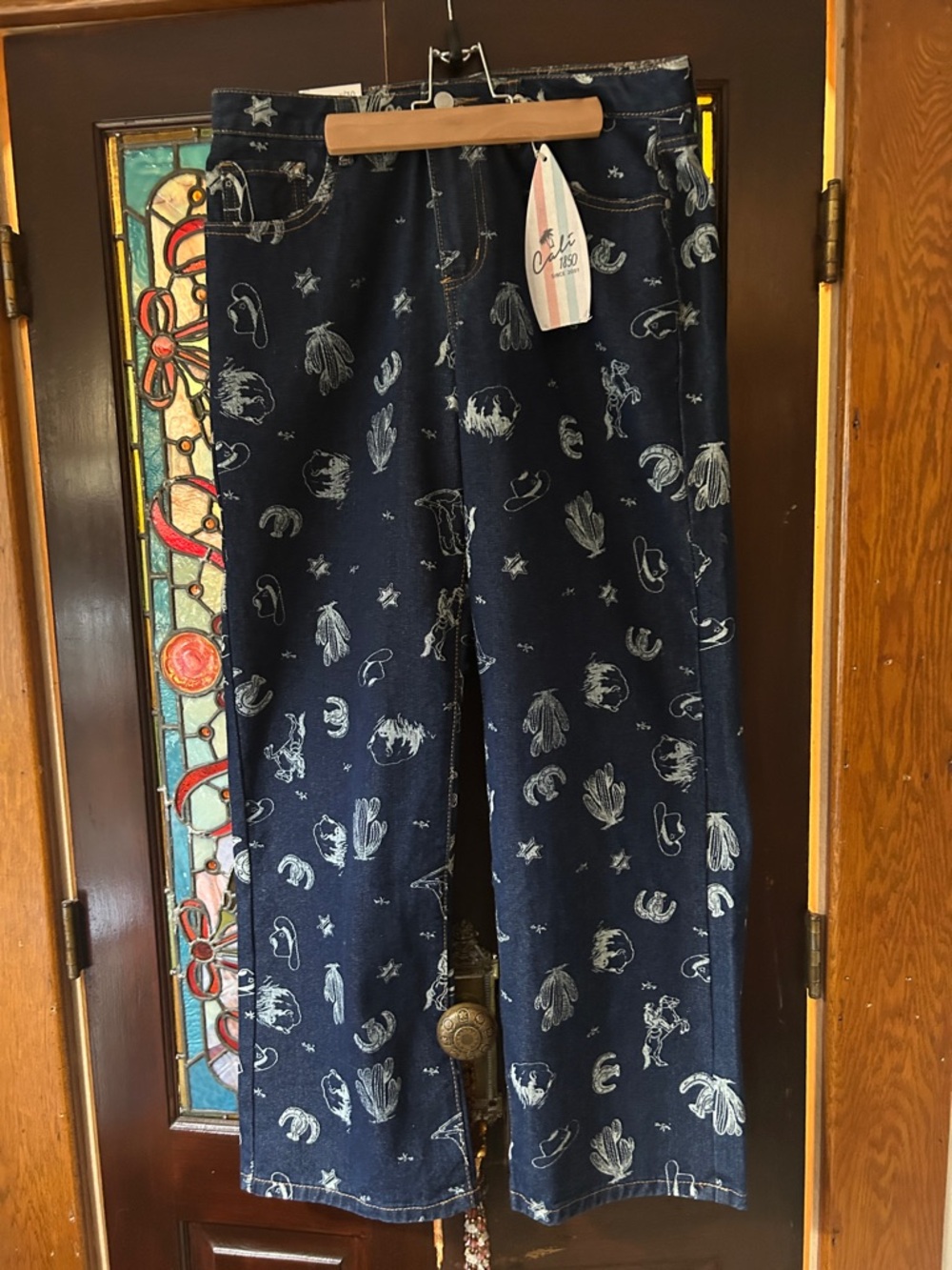 Cali 1850 Navy Denim Jeans with White Western Prints